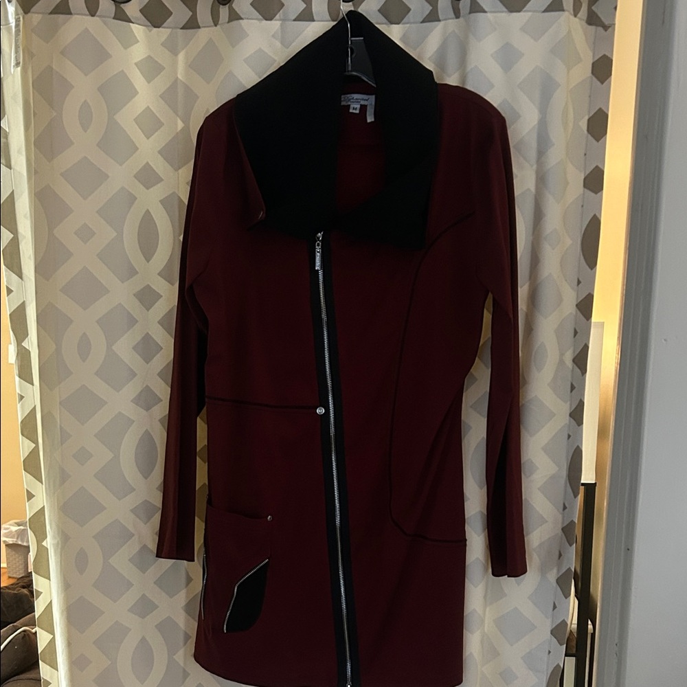 Elegant Burgundy Trench Coat with Black Details